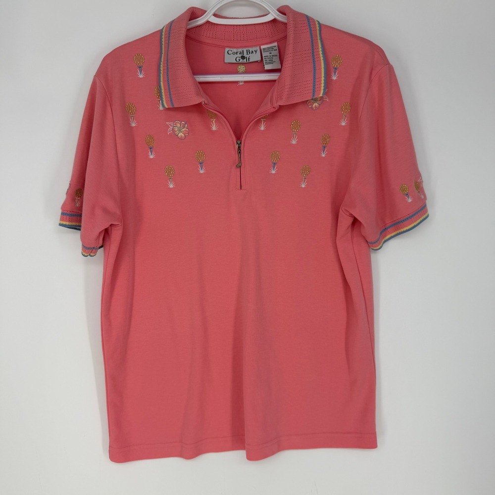 Coral Bay Golf Polo Shirt Womens Medium Pink Embroidered Quarter Zip Golf Resprt